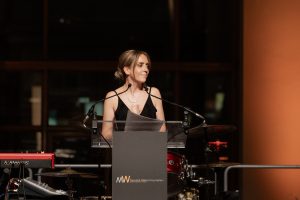 Mark Williams Foundation founder and wife of Mark, Nicola Williams, speaking at the podium during the Mark Williams Foundation launch event.