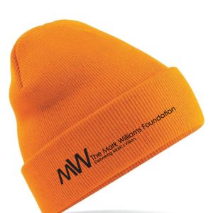 Orange knitted adult beanie featuring The Mark Williams Foundation logo on the front