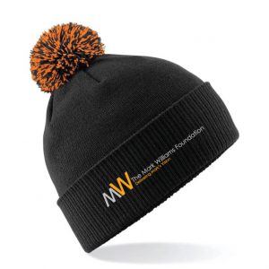 Black knitted beanie with an orange and black pom-pom top and The Mark Williams Foundation logo