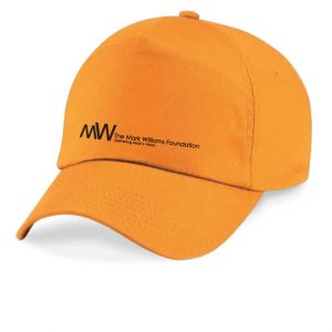 Children’s orange baseball cap featuring The Mark Williams Foundation logo on the front