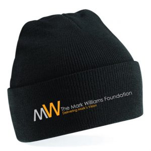 Black knitted children's beanie featuring The Mark Williams Foundation logo on the front